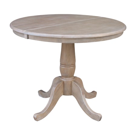 International Concepts Round 36 in Rd Top Pedestal Table, 12 in Leaf, 28.9 inH, Dining Ht, Washed Gray Taupe, 36 W, 48 L, Wood K09-36RXT